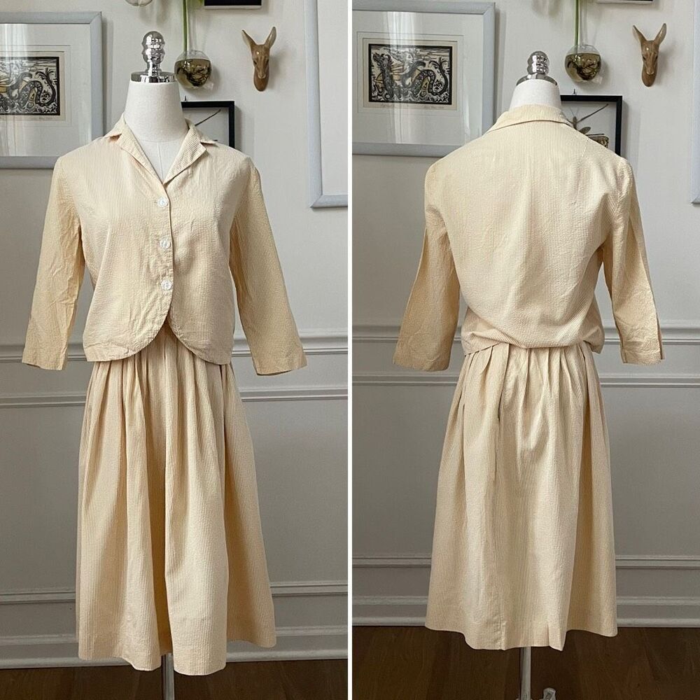 Vintage 50s Yellow Seersucker Stripe Blouse Skirt Outfit Mix and Match XS